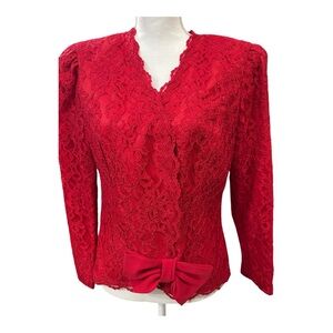 Vtg 80s Miss Elliette Sz 12 Red Lace Blazer Jacket Bow Detail‎ Padded Shoulders